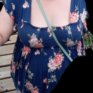 Rewind Light Blue Smocked Waist Top with Dark Denim Trim